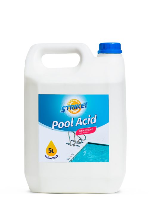 5L Pool Acid PH Reducer Liquid is a liquid acid that reduces the pH level in swimming pool water. Use when pH level is greater than 7.6 to adjust to the ideal level. Ideal pH level: 7.4 - 7.6 for all swimming pools. High pH levels in swimming pool water can cause bather discomfort, the water to be cloudy and promotion of scale formation. Dosage and Directions for use: Add 70ml per 10 000L of pool water at a time. Dilute the required amount of acid in a plastic bucket of water and pour solution around the edges of the pool. Circulate pool water for at least 4 hours before retesting the pH. Maximum dosage at any one time is 200ml per 10 000L of pool water.   <span style="color: #ff0000; background-color: #ffff00;">DUE TO CURRENT HYDROCHLORIC POOL ACID SHORTAGES BRAND IMAGE MAY DIFFER FROM ACTUAL PRODUCT SUPPLIED.IMAGE FOR ILLUSTRATIVE PURPOSE ONLY!!!!</span>