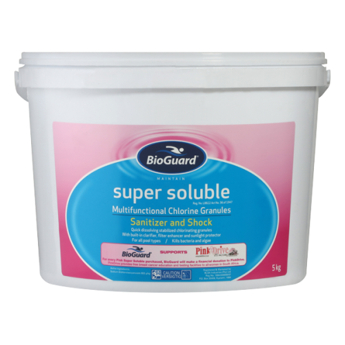 6008125002040 Str <h1>POOL CHLORINE BIOGUARD SUPER SOLUBLE 2.25Kg DI-CHLOR</h1> <strong>Overview:</strong> BioGuard Super Soluble is a superior, multifunctional Dichlor product with a unique blend containing multiple treatment ingredients. Specifically formulated for quick dissolution, it ensures bacteria and algae elimination while maintaining the water's balance. Suitable for all pool types, its high content of active ingredients guarantees optimal performance without altering the pool's pH. <strong>Packaging:</strong> Super Soluble is available in 2.25kg, 5kg, and 10kg containers. <strong>Key Benefits:</strong> <ul> <li><strong>Rapid Dissolution:</strong> Quick-dissolving chlorinating granules.</li> <li><strong>Efficient Sanitization:</strong> Effectively kills bacteria and inhibits algae growth.</li> <li><strong>Enhanced Clarity:</strong> Comes with an inbuilt clarifier and filter enhancer.</li> <li><strong>UV Protection:</strong> Contains a protector against sunlight degradation.</li> <li><strong>pH Balance:</strong> Nearly neutral pH ensures the water's balance is undisturbed.</li> </ul> BioGuard Super Soluble is an optimal choice for sanitizing, especially for small, above-ground pools, as well as in-ground vinyl-lined pools.
