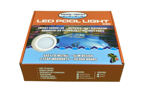 POOL TECH BLUE LED <h1>POOL TECH POOL LIGHT LED RETROFIT RGBW COLOUR CHANGING</h1> <h2><strong>Product Description:</strong></h2> The Pool Tech Colour Changing LED Retrofit RGBW Pool Light transforms your pool into a dynamic, vibrant paradise. Manufactured locally by EcoFiber Pool Tech, this LED pool light leads the industry in quality, design, and functionality. The unique lens design ensures a rich color fill throughout your pool. Notably, this light is encased in a fully sealed housing that fits into the existing light body built into the pool wall. As it does not emit heat, this pool light can also be used in ponds and gardens. <h2><strong>Product Details:</strong></h2> <ul> <li><strong>Product Type:</strong> LED Retrofit RGBW Pool Light</li> <li><strong>Brand:</strong> Pool Tech</li> <li><strong>Power:</strong> Low-energy consumption LED</li> <li><strong>Lifespan:</strong> 30,000 hours</li> <li><strong>Warranty:</strong> 2-year warranty</li> <li><strong>Extras:</strong> Long cable for easy installation, informative installation booklet</li> </ul> For new installation in a concrete or brick wall, the light housing will be required and should be ADDED” in your selection. https://www.onlinepoolstore.co.za/product/pool-light-housing-with-gland-nut-and-seal-170mm/ https://youtu.be/8ncEAxRBc5s
