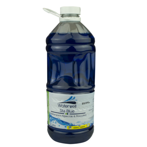 WATERWELL STA BLUE Sta Blue is a multi-functional preventative algaecide which protects against all types of algae. A Monthly Algaecide & Clarifier 2 litre.Sta Blue controls all types of algae growth and provides a stable, non-pH-dependant backup system to chlorine.