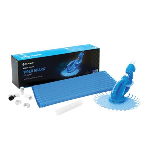 KREEPY KRAULY TIGER SHARK2 <h2>KREEPY KRAULY TIGER SHARK POOL CLEANER COMBI PACK</h2> Kreepy Krauly Tiger Shark features many design elements shared by the most popular suction-side cleaner in history, the Kreepy Krauly Classic. Specifications: - Ideal for cleaning all pool surfaces - Easy to install - Easy to maintain - Comes with durable 10m hose extensions - Low noise for a peaceful pool - Does not need a diaphragm - Optimal speed results in maximum cleaning efficiency - Compact, solid design What's in the box x 1 Tiger Shark with hoses and accessories  
