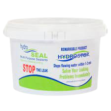 HYDROSEAL <h2>KOI POND WATERPROOFING HYDRO SEAL 2KG CHARCOAL</h2> Hydro Stop is cementitious powder combined with acceleration chemicals to produce an instant setting repair compound to stop flowing water within 1-2 minutes in concrete structures ie Swimming Pools Ponds Reservoirs Tunnels Cellars Underground Garages Seals around pipes, conduits and ducts Use in a dry powder form or putty by adding water <div id="content_tab_description" class="tab-content tab-description"> <div class="tab-content-inner"> <div class="tab-content-scroll"> <ul> <li>Stop soaking water caused by water pessure</li> <li>Stop flowing water through holes and cracks in concrete and masonry surfaces</li> <li>Seals around pipes, conduits and ducts</li> <li>Areas of application are reservoirs, dams, tunnels cellars, underground garages, etc.</li> <li>Koi / Fishponds and Swimming Pools Advantages</li> <li>Easy to use – addition of water only or applied to surface in powder form</li> <li>Sets quickly within 1-2 minutes</li> <li>Expands on setting Non-Staining Durable</li> <li>Frost and de-icing salt resistant</li> </ul> <h3>directions for use</h3> <ul> <li>HYDROSTOP is a very fast setting material, and all preparatory work must be completed before mixing is commenced.</li> <li>The surface must be firm, clean absorbent and free of dust or plaster.</li> <li>Do not mix more product than can be placed within two minutes</li> <li>Wet surface to be treated before application.</li> <li>Add clean water to a small amount of HYRDOSTOP and mix to the consistency of putty.</li> <li>Tool material into the prepared opening and hold firmly in place until product has hardened.</li> <li>Stop flowing water by forcing dry powder into cracks and hold firmly in place until product has hardened.</li> <li>Repeat if Necessary</li> </ul> <h3> watch points</h3> <ul> <li>Avoid contact with skin</li> <li>Avoid contact with eyes</li> </ul> </div> </div> </div> What's in the box 1 x 1 Kg Hydrostop