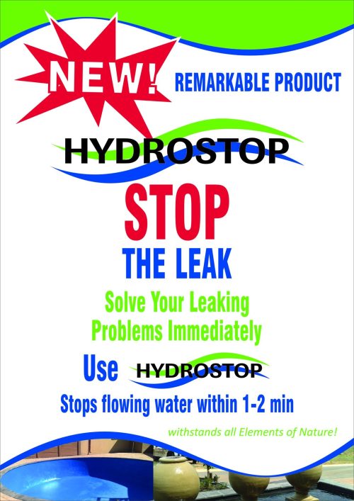 HYDROSTOP <h2>KOI POND WATERPROOFING HYDRO SEAL 2KG CHARCOAL</h2> Hydro Stop is cementitious powder combined with acceleration chemicals to produce an instant setting repair compound to stop flowing water within 1-2 minutes in concrete structures ie Swimming Pools Ponds Reservoirs Tunnels Cellars Underground Garages Seals around pipes, conduits and ducts Use in a dry powder form or putty by adding water <div id="content_tab_description" class="tab-content tab-description"> <div class="tab-content-inner"> <div class="tab-content-scroll"> <ul> <li>Stop soaking water caused by water pessure</li> <li>Stop flowing water through holes and cracks in concrete and masonry surfaces</li> <li>Seals around pipes, conduits and ducts</li> <li>Areas of application are reservoirs, dams, tunnels cellars, underground garages, etc.</li> <li>Koi / Fishponds and Swimming Pools Advantages</li> <li>Easy to use – addition of water only or applied to surface in powder form</li> <li>Sets quickly within 1-2 minutes</li> <li>Expands on setting Non-Staining Durable</li> <li>Frost and de-icing salt resistant</li> </ul> <h3>directions for use</h3> <ul> <li>HYDROSTOP is a very fast setting material, and all preparatory work must be completed before mixing is commenced.</li> <li>The surface must be firm, clean absorbent and free of dust or plaster.</li> <li>Do not mix more product than can be placed within two minutes</li> <li>Wet surface to be treated before application.</li> <li>Add clean water to a small amount of HYRDOSTOP and mix to the consistency of putty.</li> <li>Tool material into the prepared opening and hold firmly in place until product has hardened.</li> <li>Stop flowing water by forcing dry powder into cracks and hold firmly in place until product has hardened.</li> <li>Repeat if Necessary</li> </ul> <h3> watch points</h3> <ul> <li>Avoid contact with skin</li> <li>Avoid contact with eyes</li> </ul> </div> </div> </div> What's in the box 1 x 1 Kg Hydrostop