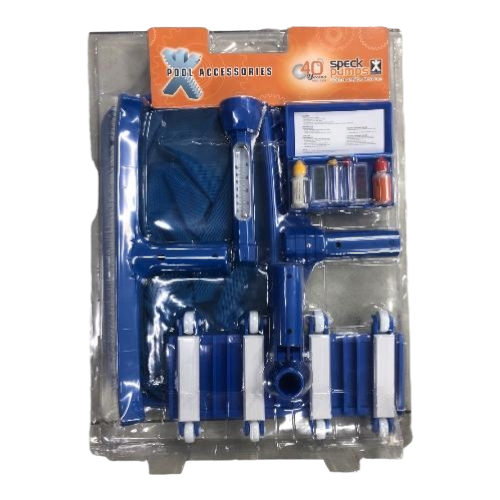 POOL MAINTENANCE KIT GUNITE DELUXE SPECK 5pc2 <h1>POOL MAINTENANCE KIT GUNITE DELUXE SPECK 5pc</h1> <h2><strong>Product Description:</strong></h2> Maintaining your swimming pool has never been easier with the Speck 5-Piece Deluxe Gunite Pool Maintenance Kit. This comprehensive kit includes essential tools designed to keep your pool clean, healthy, and ready for use. From cleaning algae and sediment off your pool's walls to monitoring water temperature and chemical balance, the Speck Deluxe Maintenance Kit offers the complete package for easy and effective pool care. <h2><strong>Product Details:</strong></h2> <ul> <li><strong>Product Type:</strong> Pool Maintenance Kit</li> <li><strong>Brand:</strong> Speck</li> <li><strong>Surface Compatibility:</strong> Gunite Type Pool Surfaces</li> </ul> <h2><strong>Key Features:</strong></h2> <ol> <li><strong>Curved Pool Brush (460mm):</strong> Ideal for cleaning algae and sediment off the pool walls and bottom.</li> <li><strong>Deluxe Leaf Rake:</strong> Essential for removing fallen leaves and other debris from the pool surface.</li> <li><strong>Wheel Sweeper:</strong> Handy tool for keeping the pool floor clean.</li> <li><strong>Sink/Float Thermometer:</strong> Enables monitoring and adjusting the pool water temperature.</li> <li><strong>Test Kit:</strong> Essential for maintaining the chemical balance of the pool, ensuring water safety and cleanliness.</li> </ol> <h2><strong>What’s in the box:</strong></h2> <ol> <li>Curved Pool Brush (460mm)</li> <li>Deluxe Leaf Rake</li> <li>Wheel Sweeper</li> <li>Sink/Float Thermometer</li> <li>Test Kit</li> </ol>